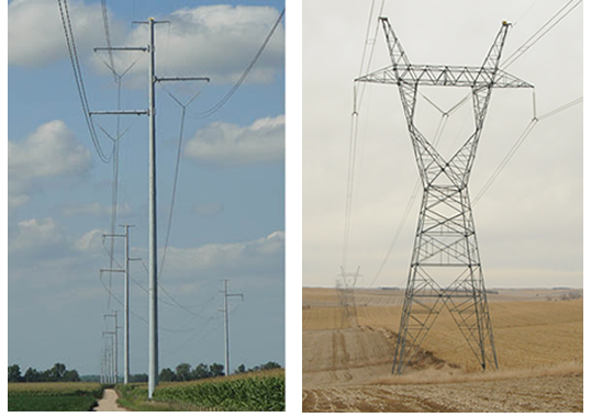 Examples of steel pole and lattice tower to be used on the R-Project transmission line